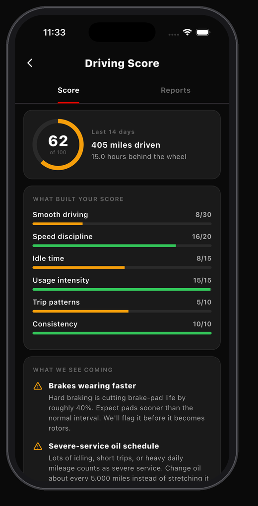 Connected car app screen in the Pista app